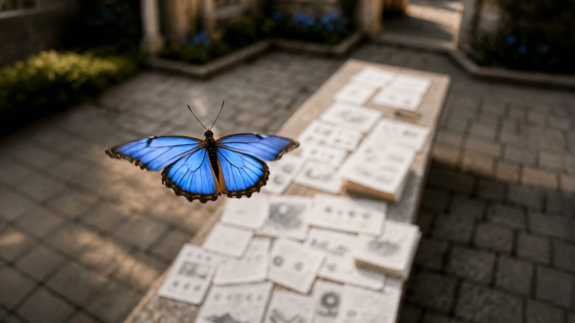 A blue butterfly resting on a table covered in sketches