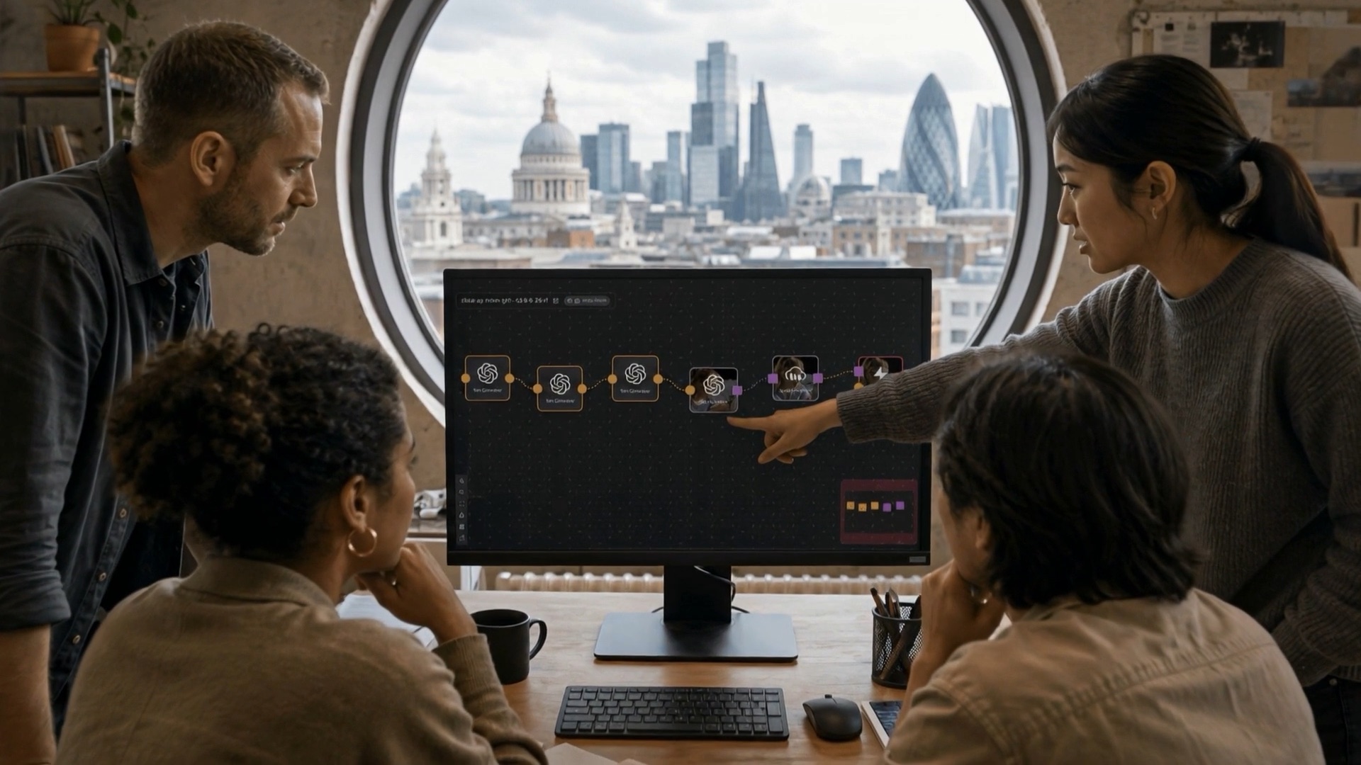 Two people at a Studio1 timeline in a studio with a round window over London