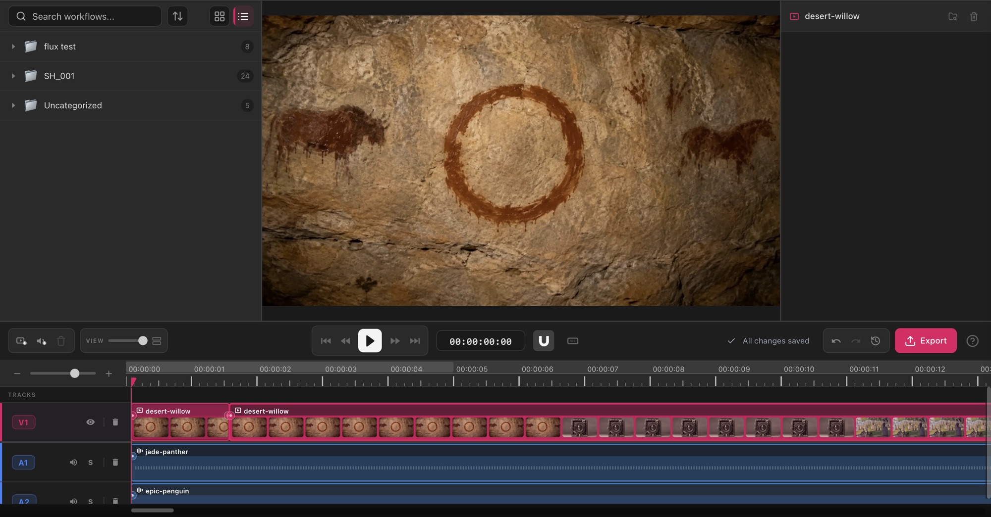 The Studio1 Timeline for the pitch film: a preview monitor showing the cave painting, a video track and two audio tracks, and an Export button
