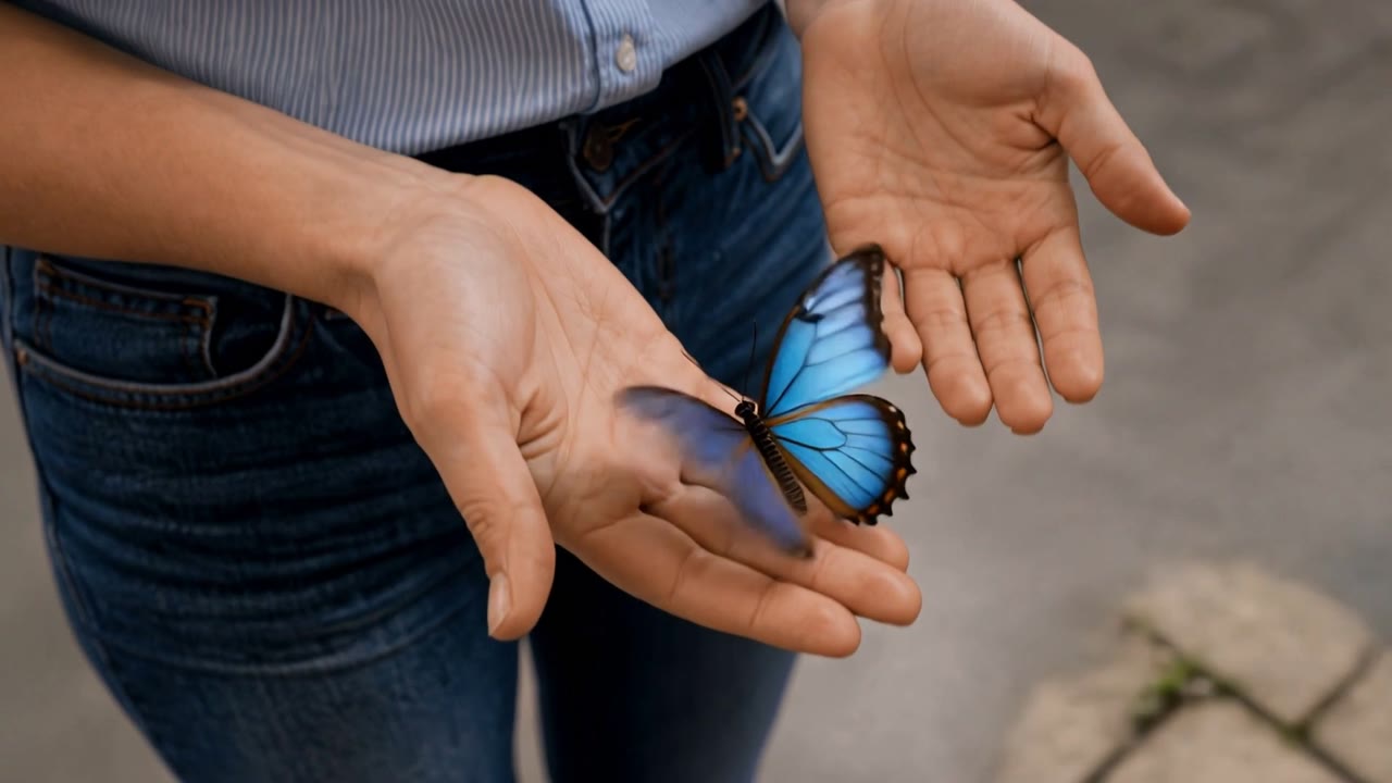 A blue butterfly settles in a woman's open hands