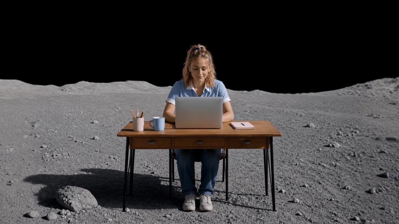 A woman at a desk with a laptop as castle walls rise around her