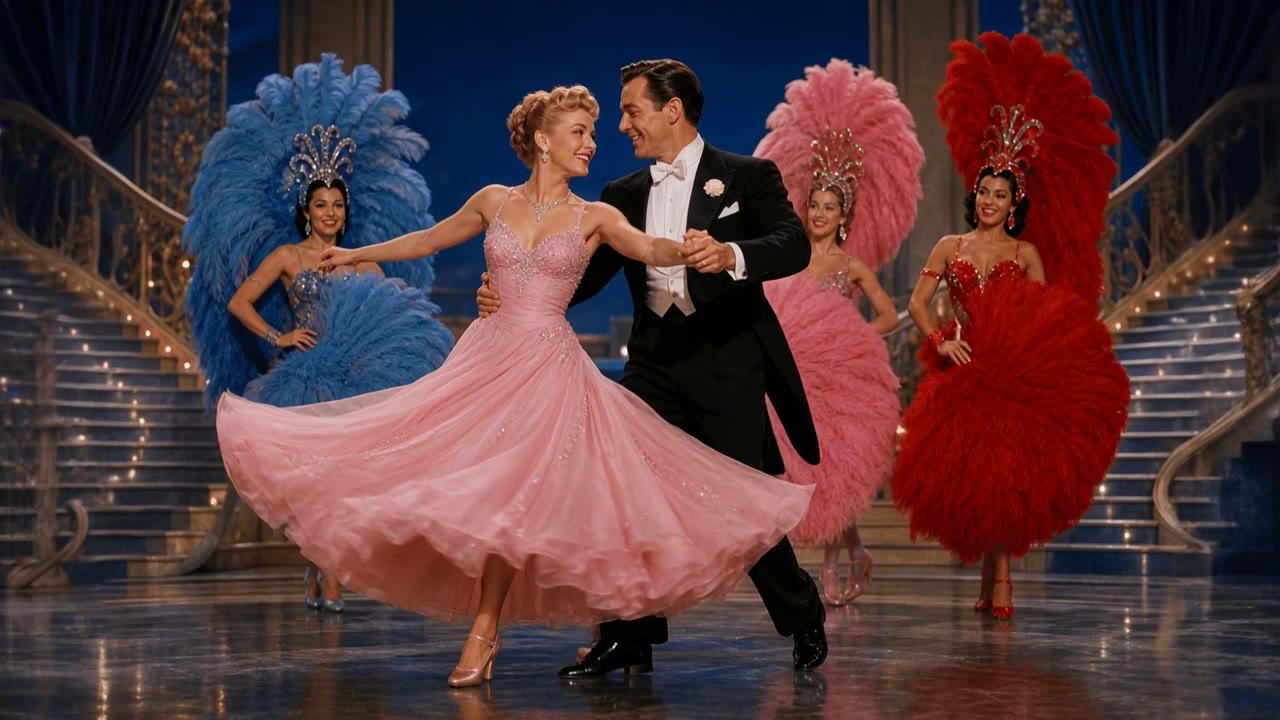 A couple in evening dress dance between showgirls in blue and red feather costumes