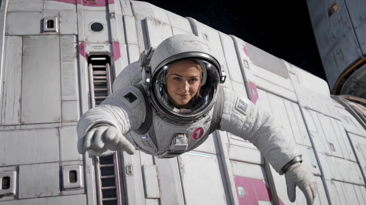 An astronaut reaches towards the camera outside a space station